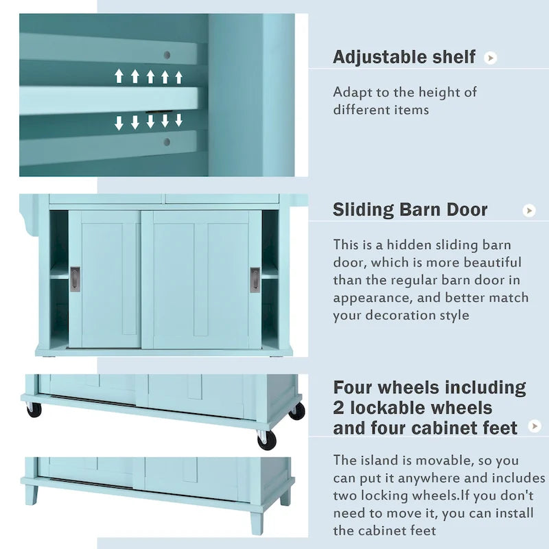 Kitchen Cart with Rubber wood Drop-Leaf Countertop, sliding barn door
