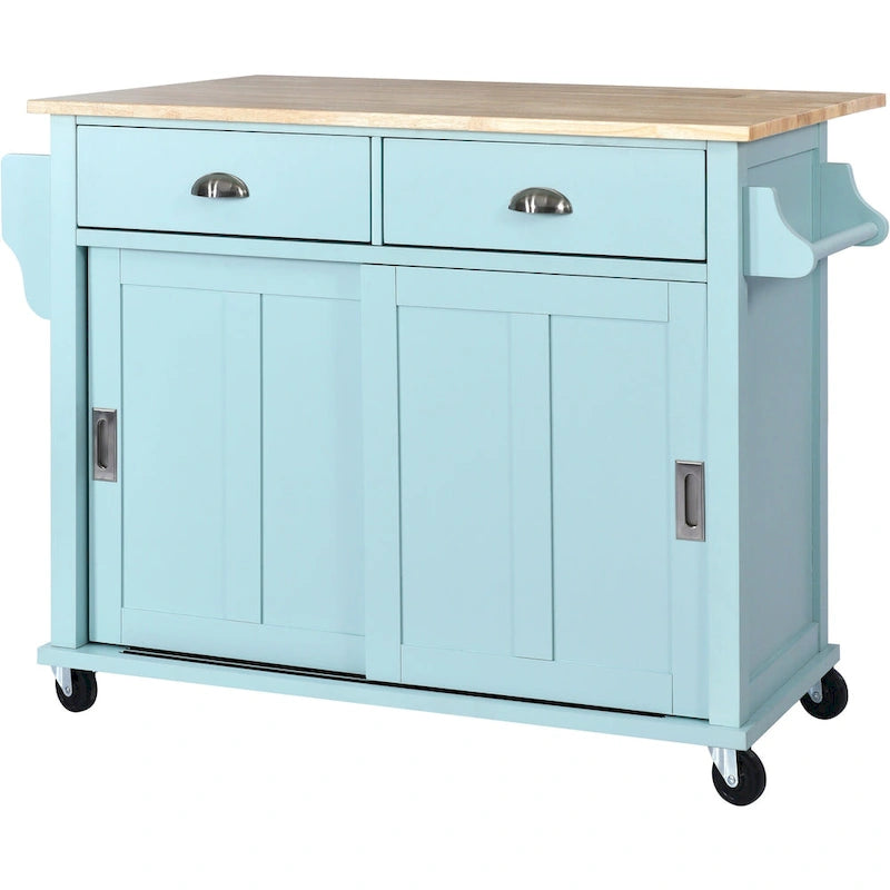 Kitchen Cart with Rubber wood Drop-Leaf Countertop, sliding barn door