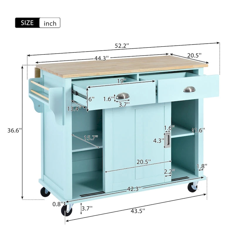 Kitchen Cart with Rubber wood Drop-Leaf Countertop, sliding barn door