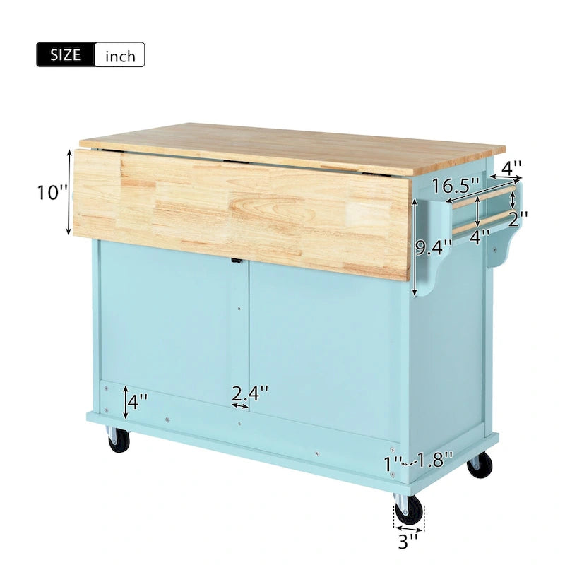 Kitchen Cart with Rubber wood Drop-Leaf Countertop, sliding barn door