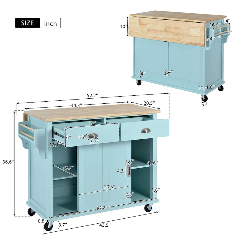 Kitchen Cart with Rubber wood Drop-Leaf Countertop, sliding barn door