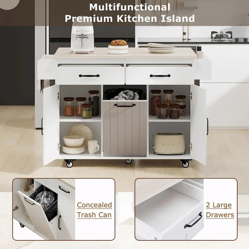Kitchen Island with Trash Can Storage and Adjustable Shelf