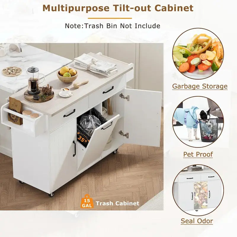 Kitchen Island with Trash Can Storage and Adjustable Shelf