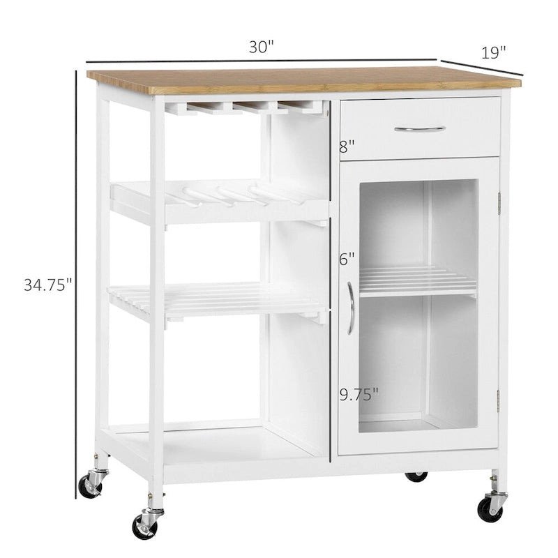 Rolling Wood Kitchen Island with Storage and Stemware Holder - N/A