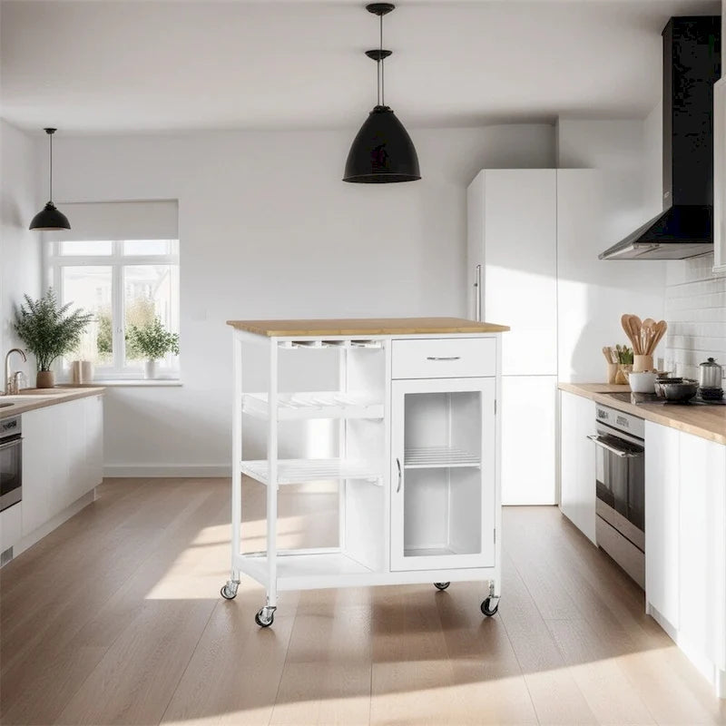 Rolling Wood Kitchen Island with Storage and Stemware Holder - N/A