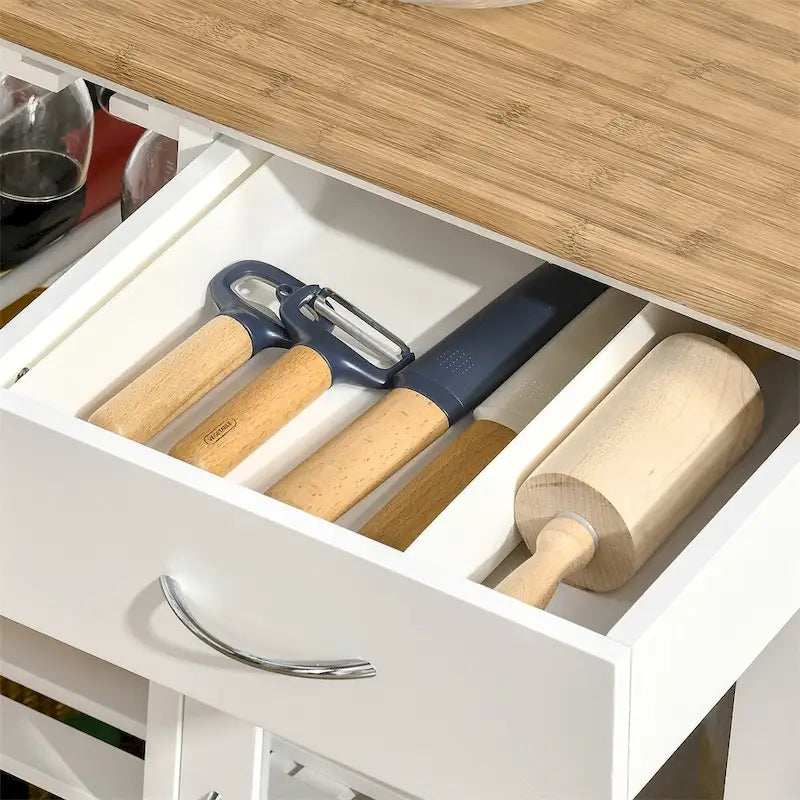 Rolling Wood Kitchen Island with Storage and Stemware Holder - N/A