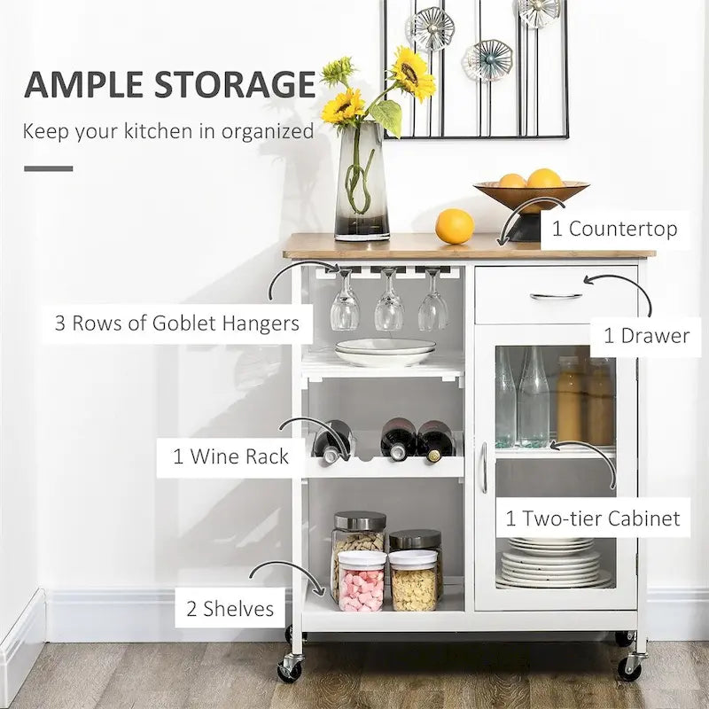 Rolling Wood Kitchen Island with Storage and Stemware Holder - N/A