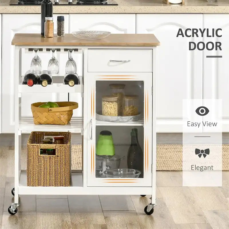 Rolling Wood Kitchen Island with Storage and Stemware Holder - N/A