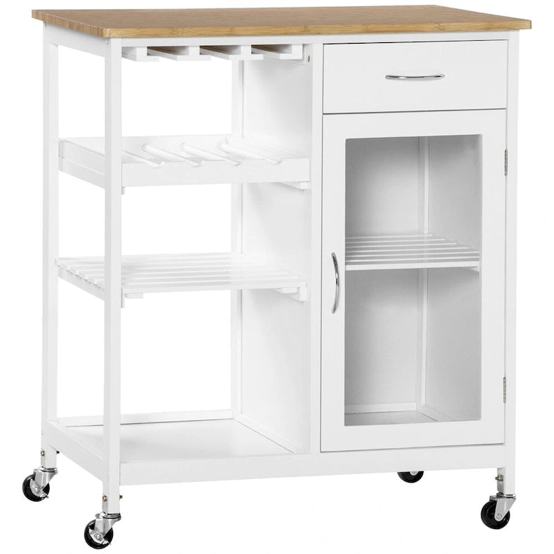 Rolling Wood Kitchen Island with Storage and Stemware Holder - N/A