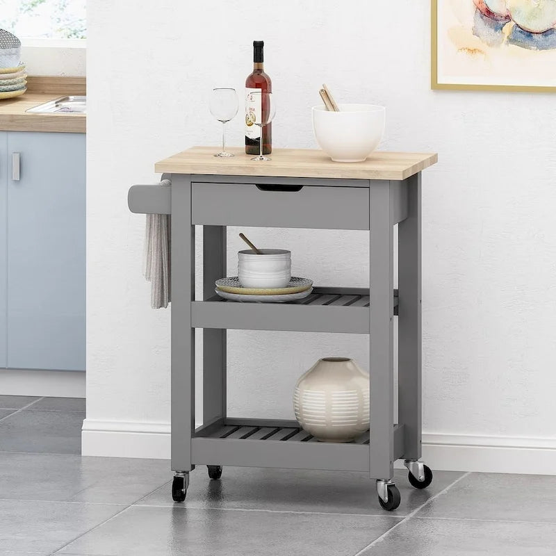 Compact Wooden Kitchen Cart with Wheels Shelves and Drawer by Christopher Knight Home