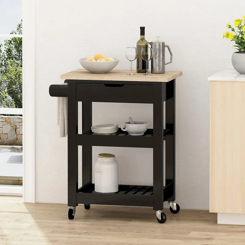 Compact Wooden Kitchen Cart with Wheels Shelves and Drawer by Christopher Knight Home