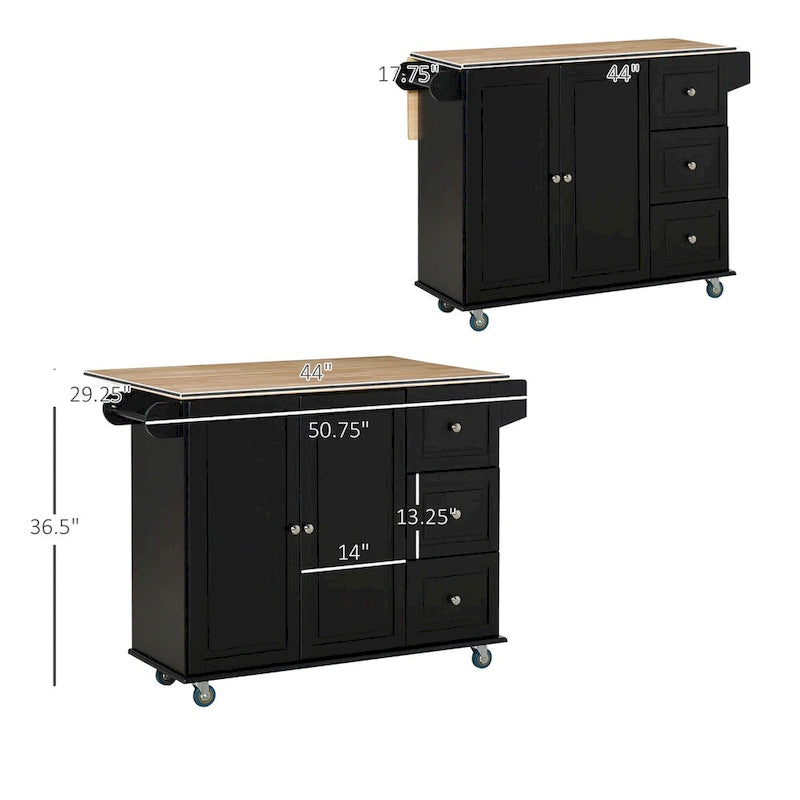 Mobile Kitchen Island with Drop Leaf, Towel Rack and 3 Drawers