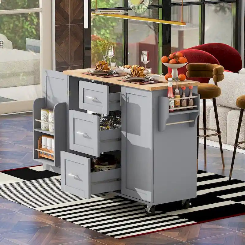 Rubberwood Kitchen Cart with Drop Leaf, Internal Storage Rack, Spice Rack, 2 Slide-Out Shelf, and 3 drawer