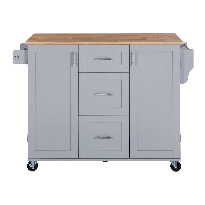 Rubberwood Kitchen Cart with Drop Leaf, Internal Storage Rack, Spice Rack, 2 Slide-Out Shelf, and 3 drawer