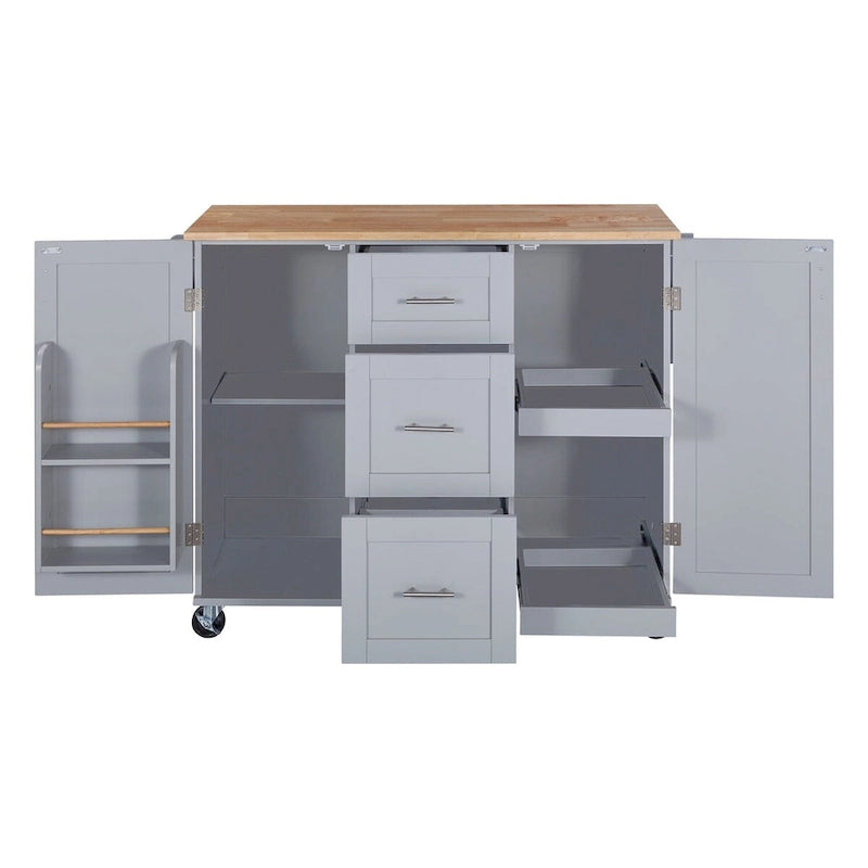 Rubberwood Kitchen Cart with Drop Leaf, Internal Storage Rack, Spice Rack, 2 Slide-Out Shelf, and 3 drawer