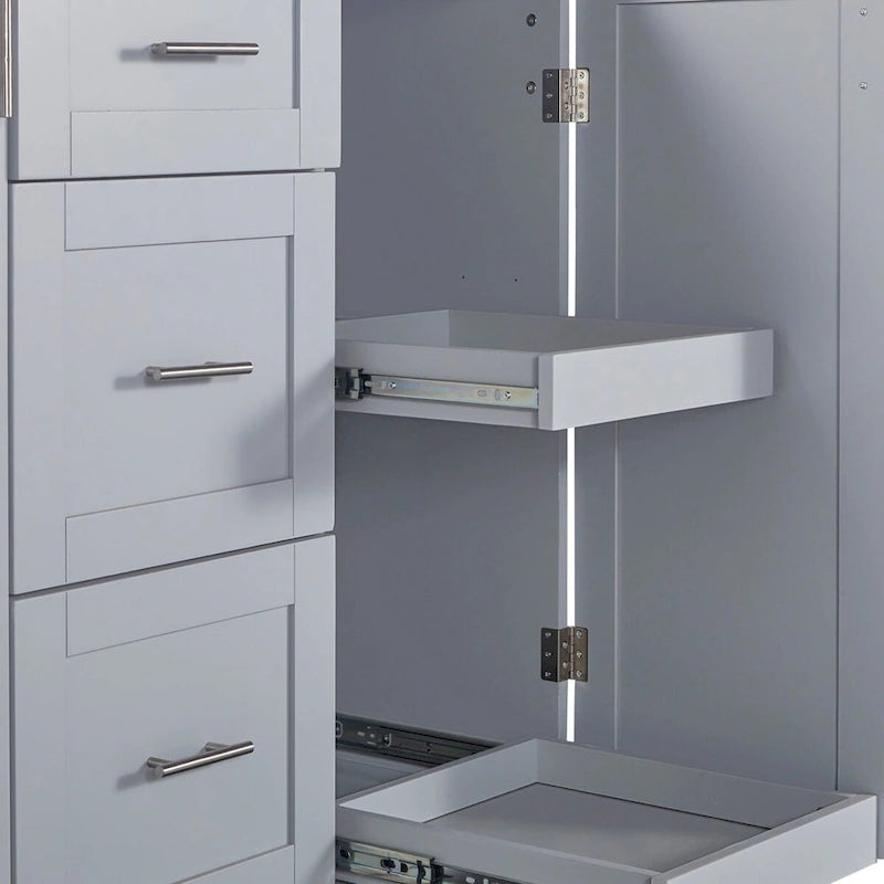 Rubberwood Kitchen Cart with Drop Leaf, Internal Storage Rack, Spice Rack, 2 Slide-Out Shelf, and 3 drawer