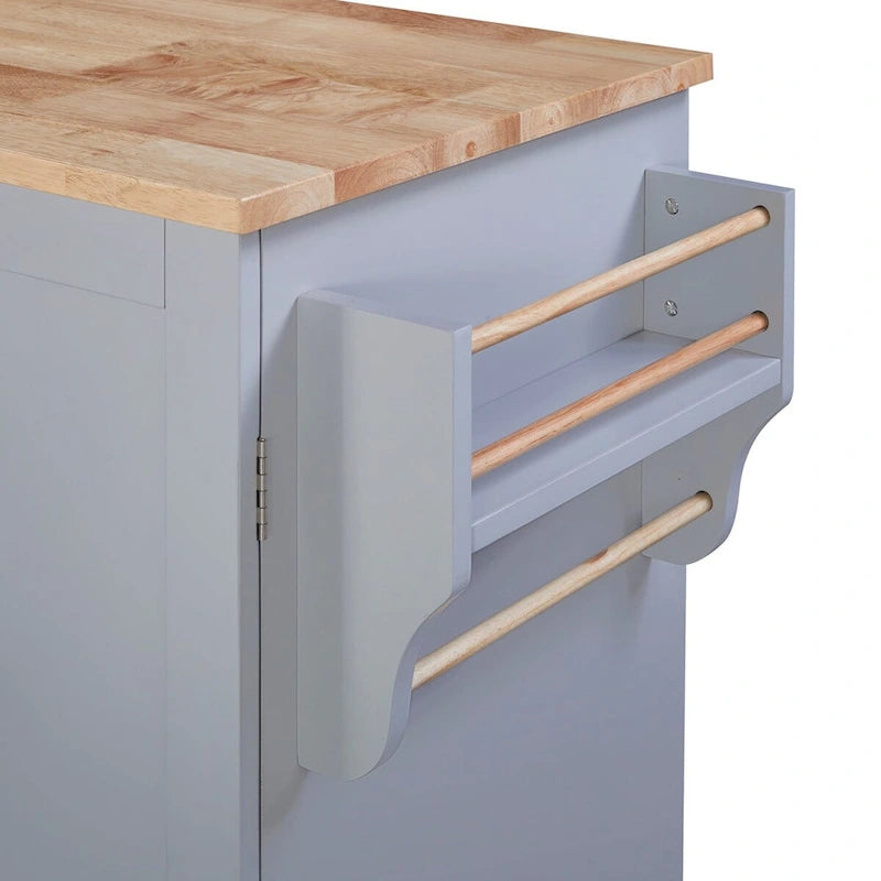 Rubberwood Kitchen Cart with Drop Leaf, Internal Storage Rack, Spice Rack, 2 Slide-Out Shelf, and 3 drawer