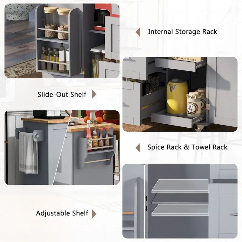 Rubberwood Kitchen Cart with Drop Leaf, Internal Storage Rack, Spice Rack, 2 Slide-Out Shelf, and 3 drawer