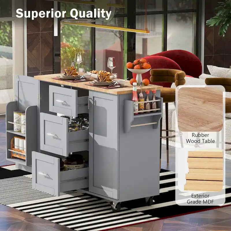 Rubberwood Kitchen Cart with Drop Leaf, Internal Storage Rack, Spice Rack, 2 Slide-Out Shelf, and 3 drawer