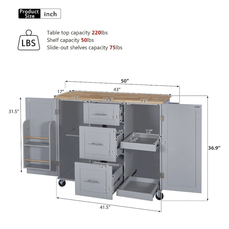 Rubberwood Kitchen Cart with Drop Leaf, Internal Storage Rack, Spice Rack, 2 Slide-Out Shelf, and 3 drawer