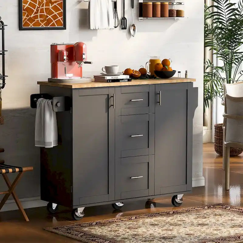Rubberwood Kitchen Cart with Drop Leaf, Internal Storage Rack, Spice Rack, 2 Slide-Out Shelf, and 3 drawer