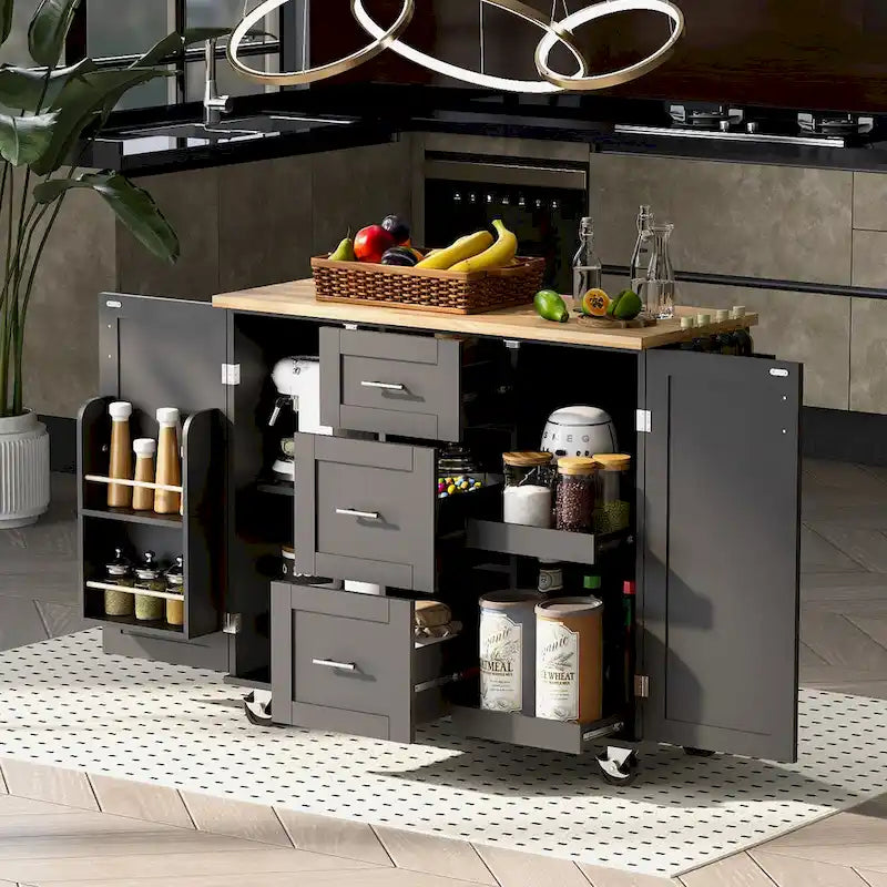 Rubberwood Kitchen Cart with Drop Leaf, Internal Storage Rack, Spice Rack, 2 Slide-Out Shelf, and 3 drawer