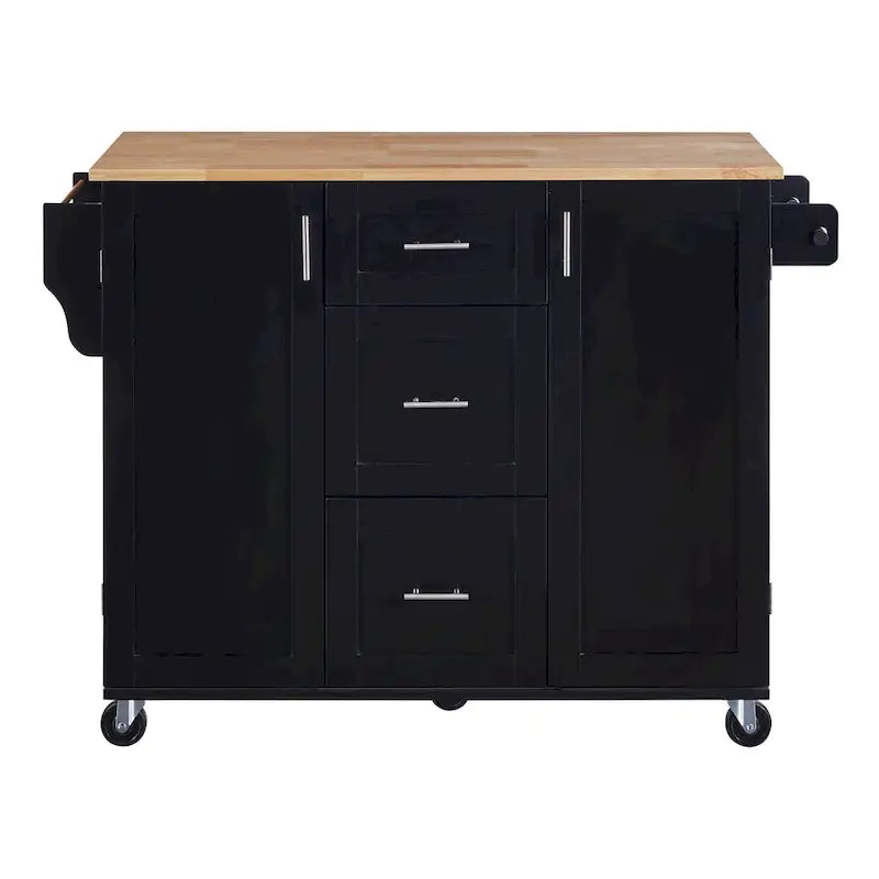 Rubberwood Kitchen Cart with Drop Leaf, Internal Storage Rack, Spice Rack, 2 Slide-Out Shelf, and 3 drawer