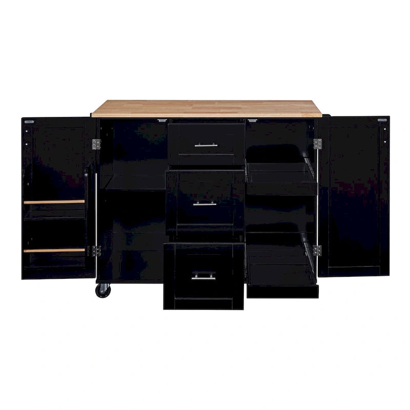 Rubberwood Kitchen Cart with Drop Leaf, Internal Storage Rack, Spice Rack, 2 Slide-Out Shelf, and 3 drawer