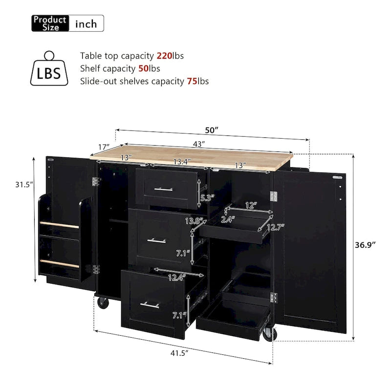 Rubberwood Kitchen Cart with Drop Leaf, Internal Storage Rack, Spice Rack, 2 Slide-Out Shelf, and 3 drawer