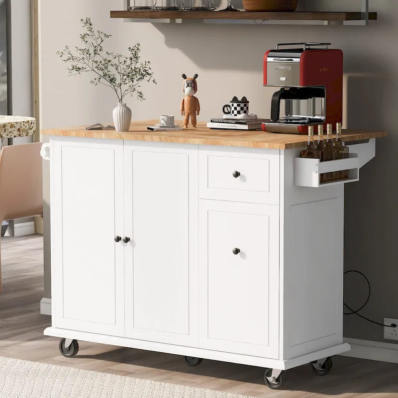 53.9 Width Rolling Kitchen Island with Drop Leaf and 3 Tier Pull Out Cabinet