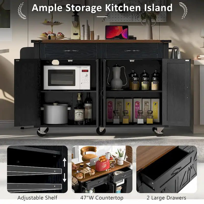 53.5 Farmhouse Kitchen Island - Power Outlet, Drop Leaf, Spice Rack, Drawer, Rolling Cart on Wheels