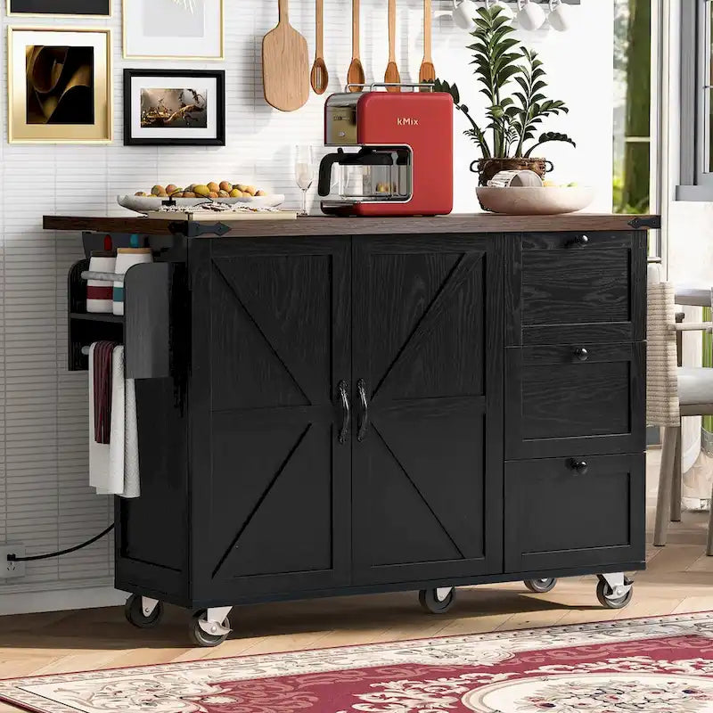 54.5 Farmhouse Kitchen Island with Power Outlet, Kitchen Storage Island with Internal Storage Rack, Drop Leaf, Spice Rack
