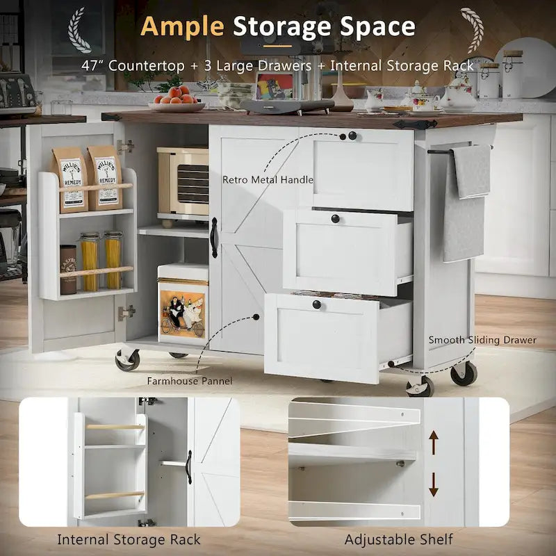 54.5 Farmhouse Kitchen Island with Power Outlet, Kitchen Storage Island with Internal Storage Rack, Drop Leaf, Spice Rack