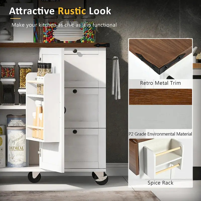 54.5 Farmhouse Kitchen Island with Power Outlet, Kitchen Storage Island with Internal Storage Rack, Drop Leaf, Spice Rack