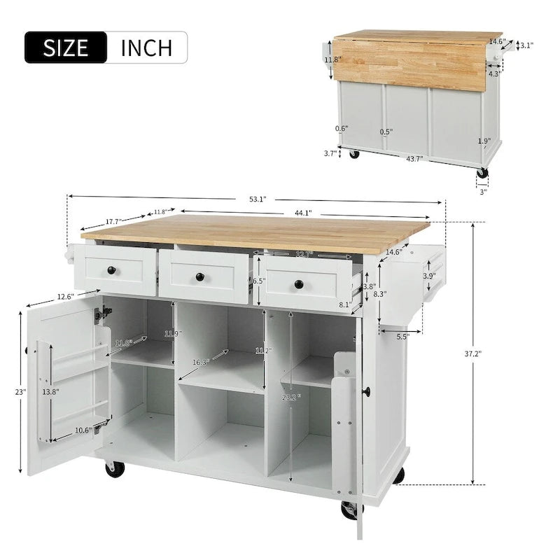 Kitchen Island on 5 Wheels with Storage Cabinet and 3 Drawers