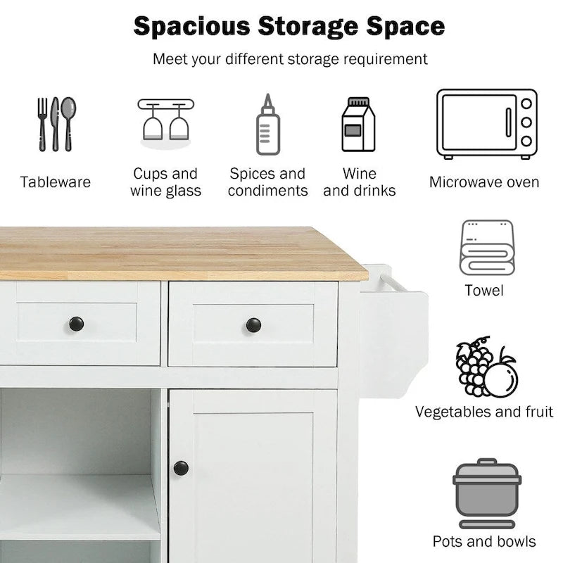 Kitchen Island on 5 Wheels with Storage Cabinet and 3 Drawers