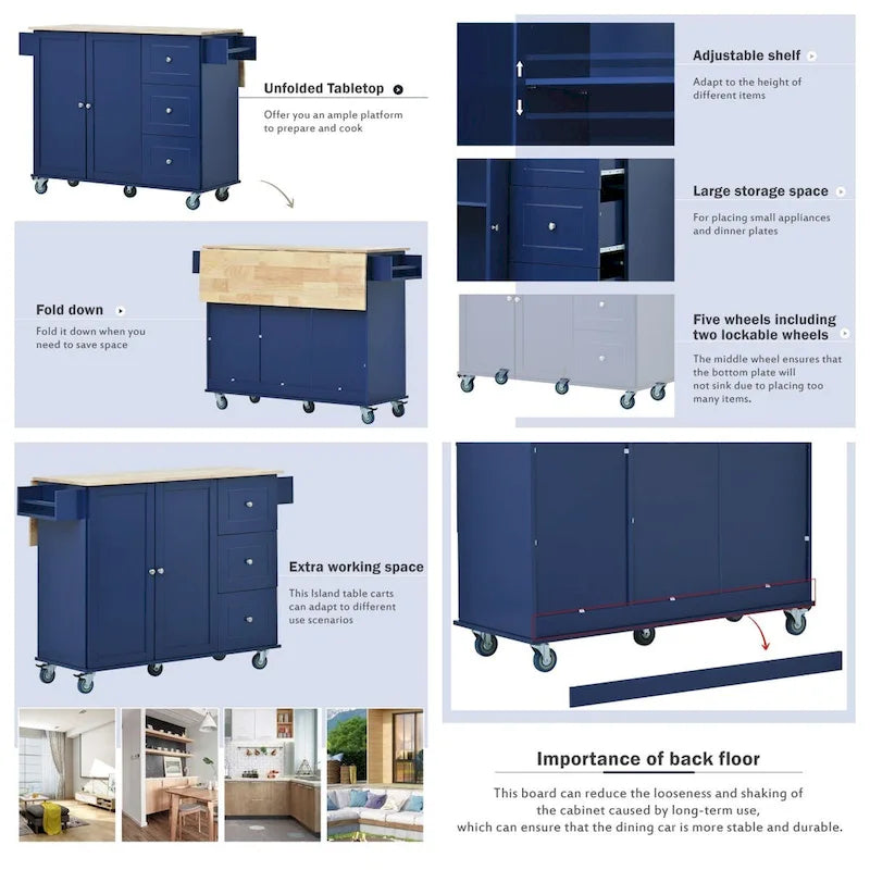 Rolling Mobile Kitchen Island with Locking Wheels Storage Cabinet - 52.76 x 29.5 x 36.81 inches