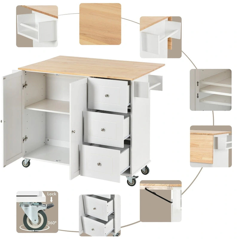 Rolling Mobile Kitchen Island with Locking Wheels Storage Cabinet - 52.76 x 29.5 x 36.81 inches