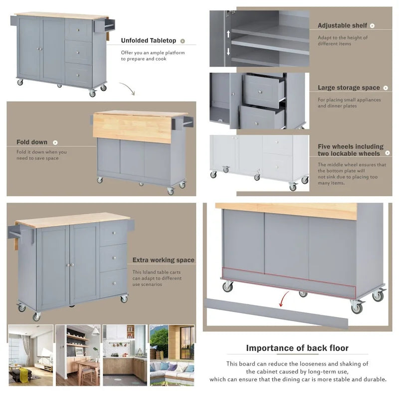 Rolling Mobile Kitchen Island with Locking Wheels Storage Cabinet - 52.76 x 29.5 x 36.81 inches