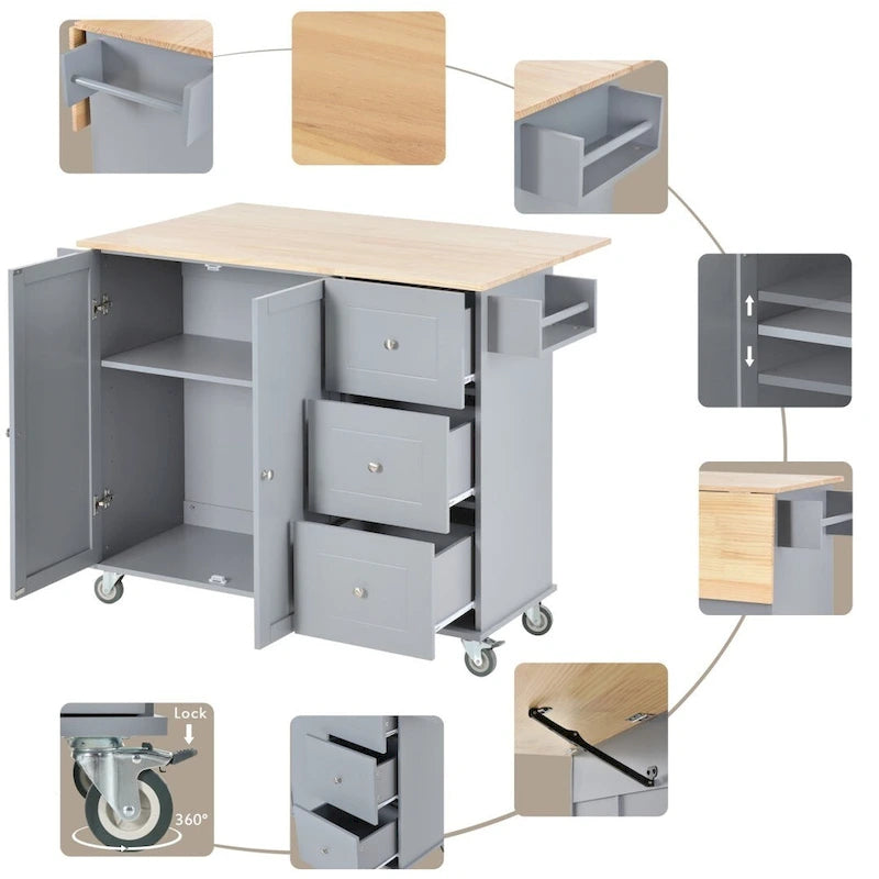 Rolling Mobile Kitchen Island with Locking Wheels Storage Cabinet - 52.76 x 29.5 x 36.81 inches