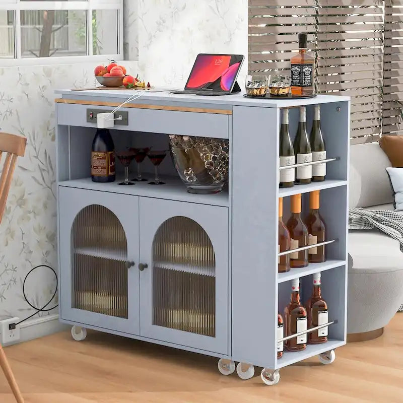 Rolling Kitchen Island: Extended Table, Power Outlets, Glass Doors