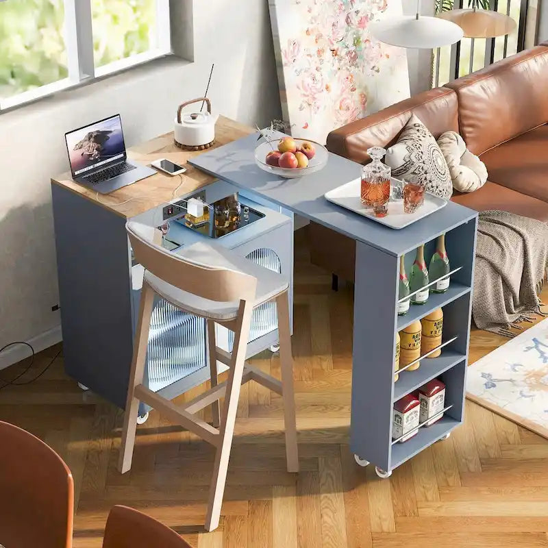 Rolling Kitchen Island: Extended Table, Power Outlets, Glass Doors