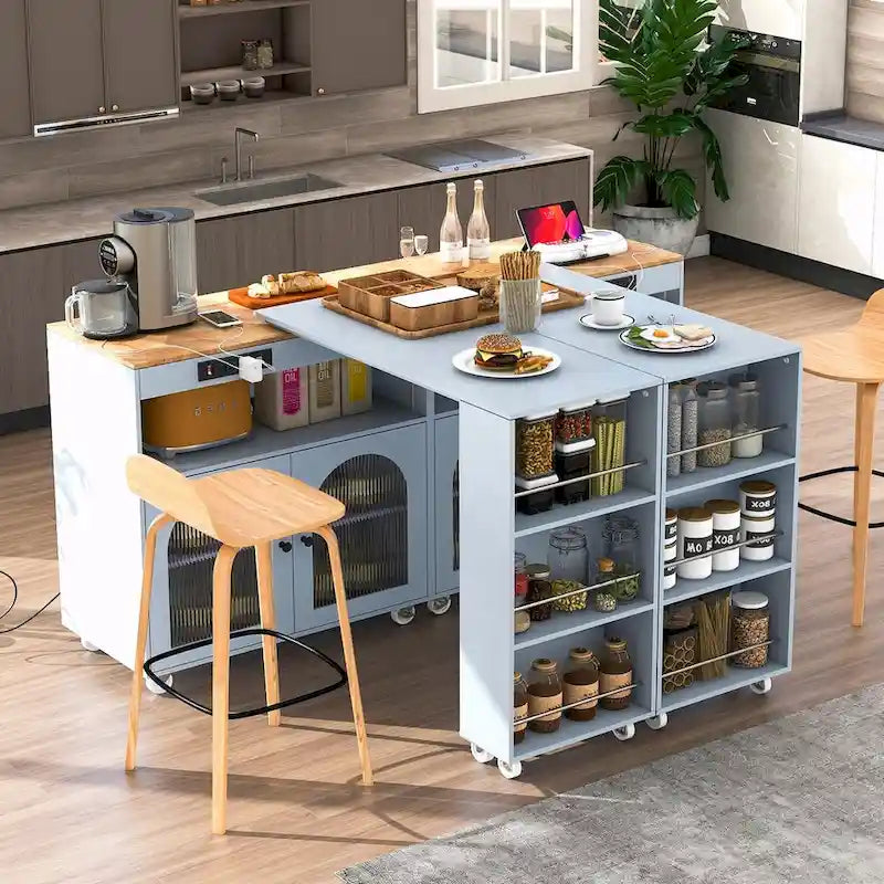 Rolling Kitchen Island: Extended Table, Power Outlets, Glass Doors