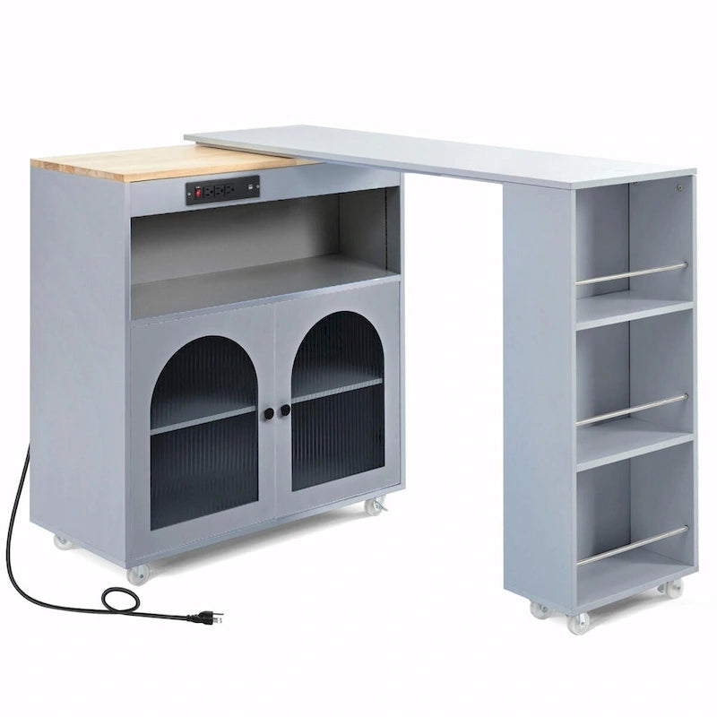 Rolling Kitchen Island: Extended Table, Power Outlets, Glass Doors