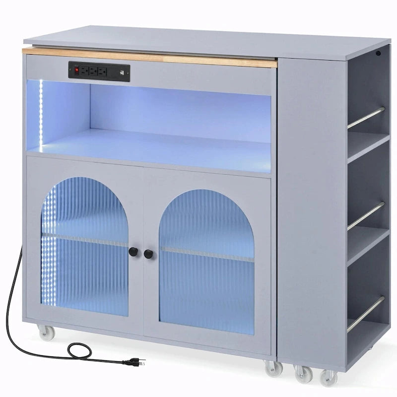 Rolling Kitchen Island: Extended Table, Power Outlets, Glass Doors