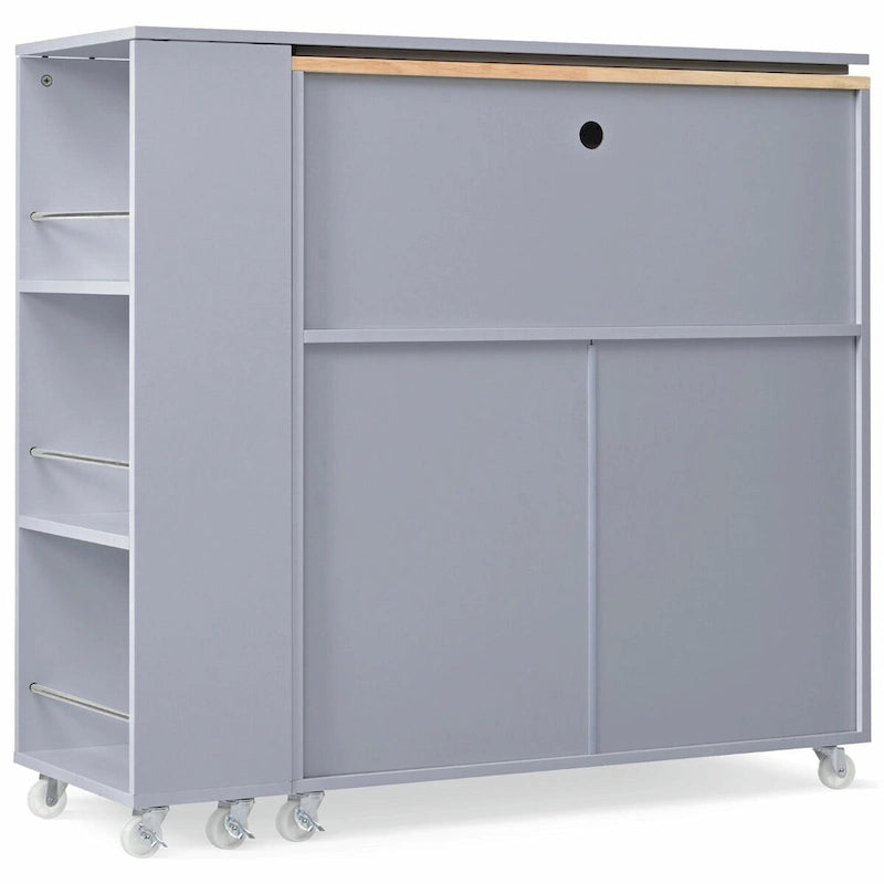 Rolling Kitchen Island: Extended Table, Power Outlets, Glass Doors