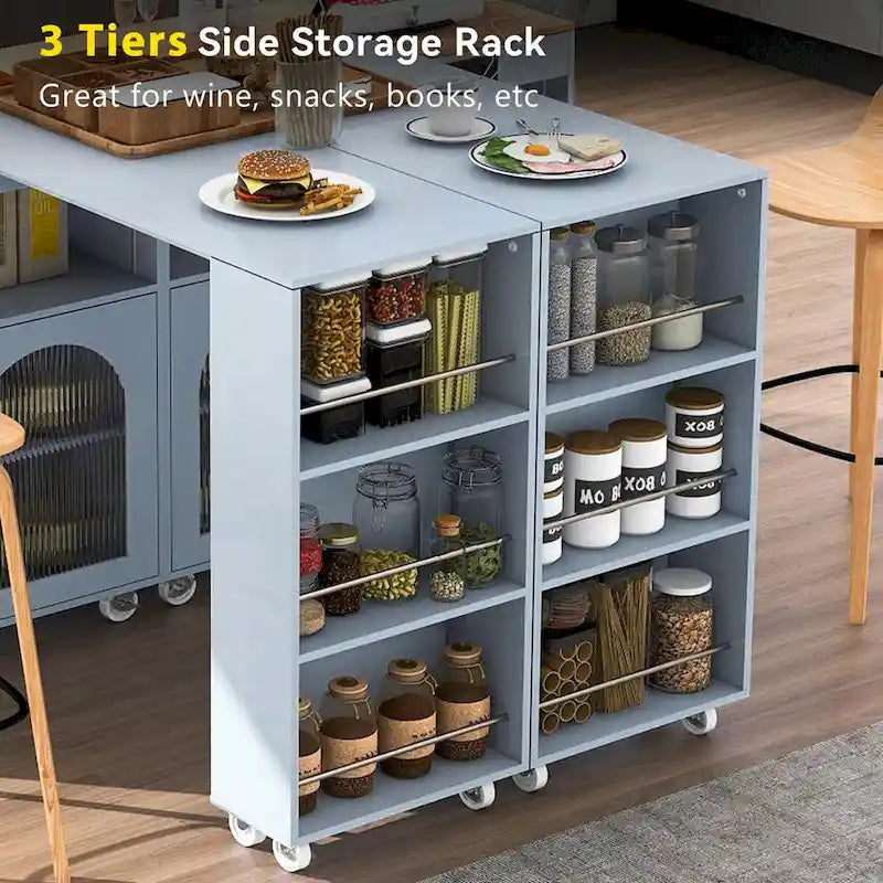 Rolling Kitchen Island: Extended Table, Power Outlets, Glass Doors
