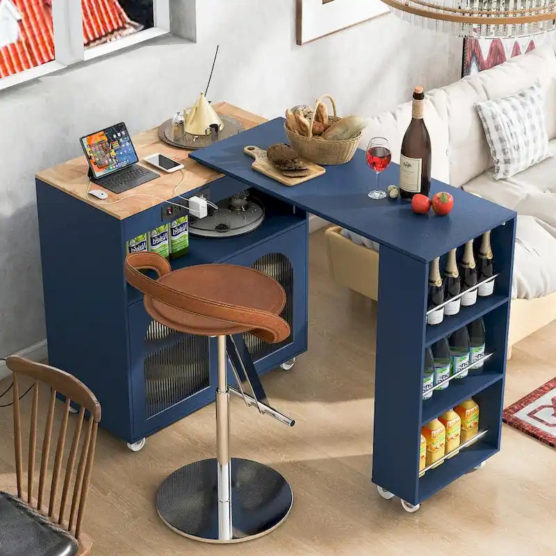 Rolling Kitchen Island: Extended Table, Power Outlets, Glass Doors