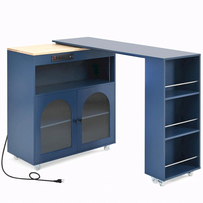 Rolling Kitchen Island: Extended Table, Power Outlets, Glass Doors