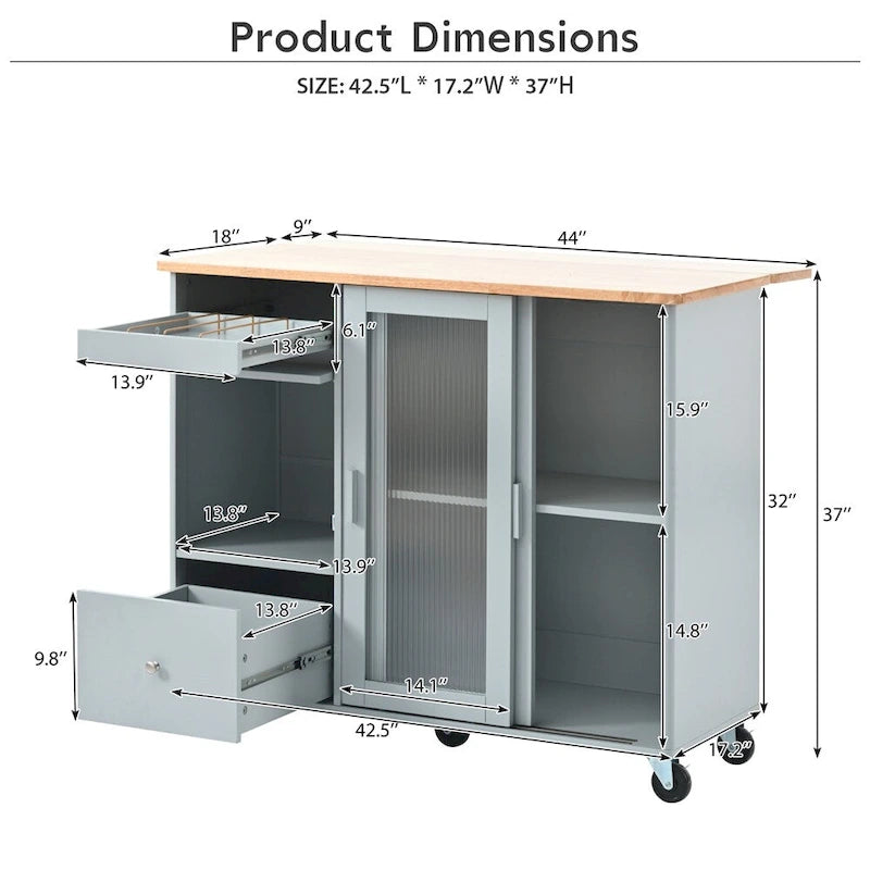Kitchen Island with Drop Leaf,LED Light Kitchen Cart on Wheels